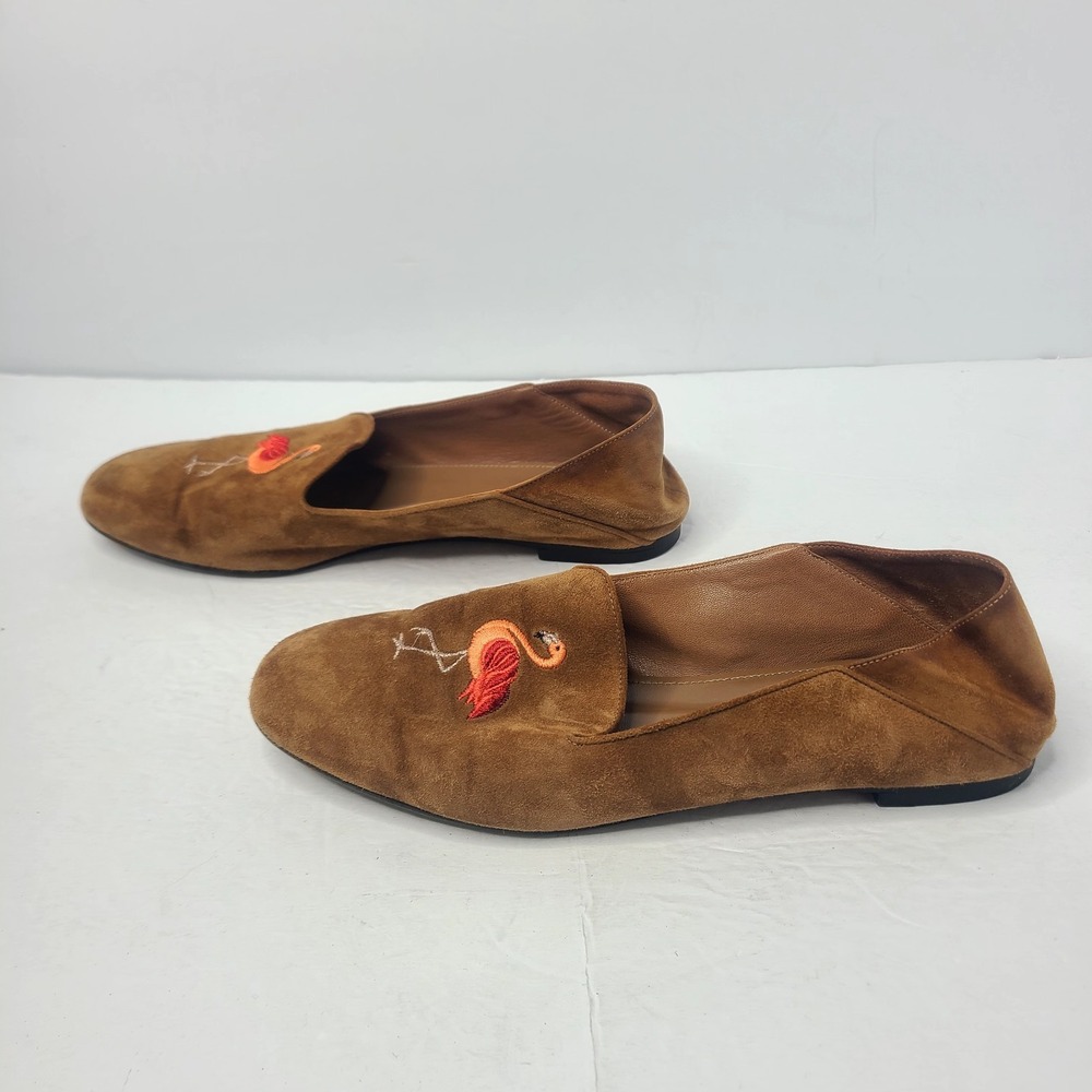 Aquazzura Firenze Flamingo Embroidered Suede Loafers Flats Brown Size 39 - Picture 3 of 9